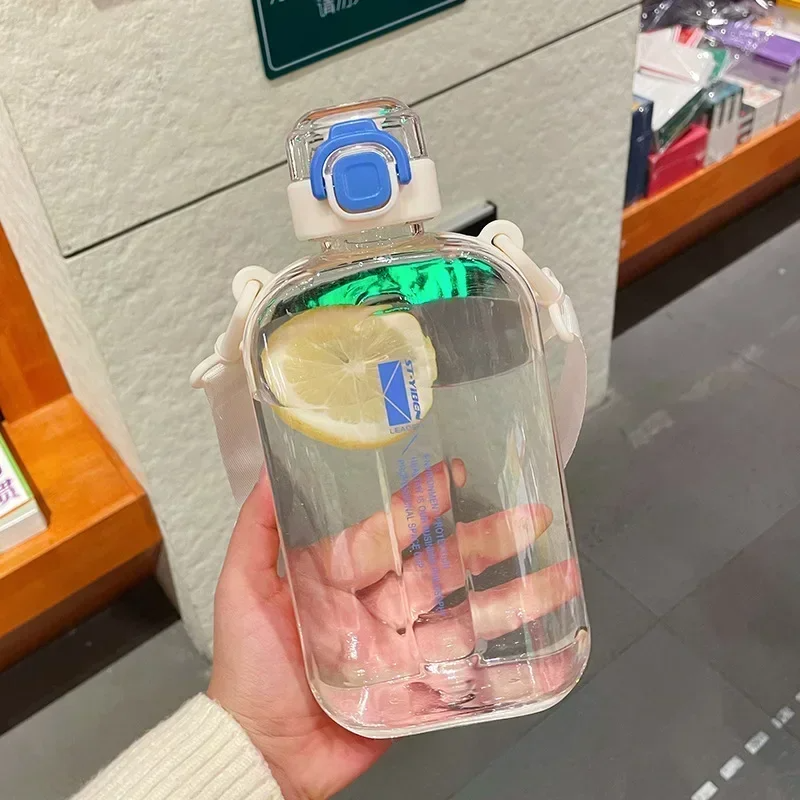 Flat Square Transparent Water Bottle Portable Travel Canteen with Adjustable Strap Elegant Slim Bottle for Sport Camping